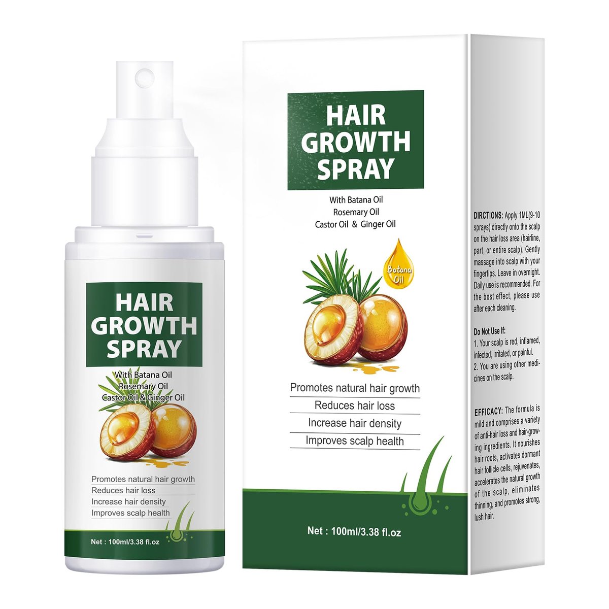 YAFUSIPE Haarwuchs-Spray mit Batana-Öl, Dr Sebi Bio, Rosmarin, Rizinus, Ingwer – Natürliche Behandlung gegen Haarausfall für Frauen und Männer, fördert Nachwachsen, reduziert Ausdünnung, stärkt die Kopfhaut