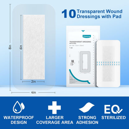 Dimora Transparente wasserdichte Wundauflage mit Polster, großes klares Klebeband für die Wundversorgung, selbstklebende postoperative Abdeckung, für IV-Schutz, Tattoo-Nachsorge, Duschschutz 4x8 Zoll, 10er-Pack