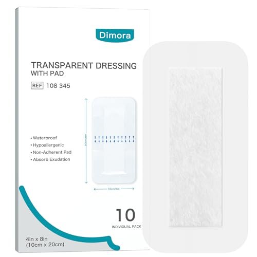 Dimora Transparente wasserdichte Wundauflage mit Polster, großes klares Klebeband für die Wundversorgung, selbstklebende postoperative Abdeckung, für IV-Schutz, Tattoo-Nachsorge, Duschschutz 4x8 Zoll, 10er-Pack