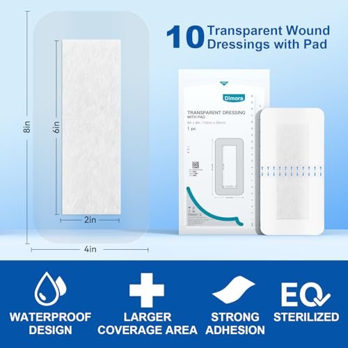 Dimora Transparente wasserdichte Wundauflage mit Polster, großes klares Klebeband für die Wundversorgung, selbstklebende postoperative Abdeckung, für IV-Schutz, Tattoo-Nachsorge, Duschschutz 4x8 Zoll, 10er-Pack