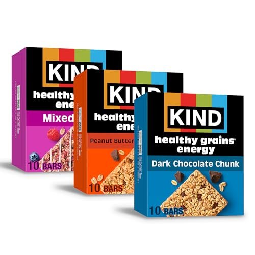 KIND Healthy Grains Energie-Riegel Vielfaltspaket, Glutenfrei, Gesunde Snacks, Dunkle Schokolade Stückchen, Erdnussbutter Dunkle Schokolade, Gemischte Beeren, 18-21g Vollkorn, 30er Pack