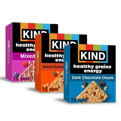 KIND Healthy Grains Energie-Riegel Vielfaltspaket, Glutenfrei, Gesunde Snacks, Dunkle Schokolade Stückchen, Erdnussbutter Dunkle Schokolade, Gemischte Beeren, 18-21g Vollkorn, 30er Pack