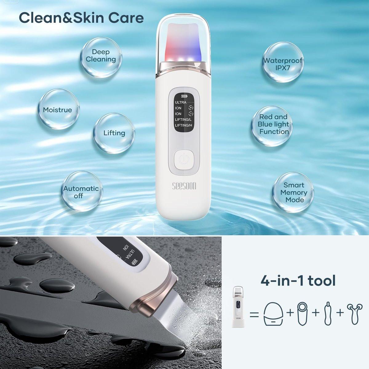 SEESOON Gesichtsreinigungsbürste Peeling, Skin Scrubber Gesichtsspatel, 4 Modi Mitesserentferner für die Tiefenreinigung mit LCD-Display, IPX7 wasserdicht - Weiß
