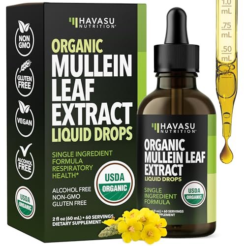 HAVASU NUTRITION Bio Königskerzen-Tropfen für die Lunge – USDA Bio Königskerzenblattextrakt – Unterstützung der Atemwegsgesundheit – 2 Fl Oz – Vegan, ohne Gentechnik und alkoholfrei – Kräutertinktur – 2-Monats-Vorrat