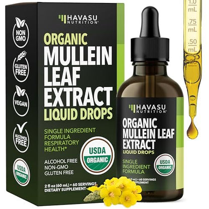 HAVASU NUTRITION Bio Königskerzen-Tropfen für die Lunge – USDA Bio Königskerzenblattextrakt – Unterstützung der Atemwegsgesundheit – 2 Fl Oz – Vegan, ohne Gentechnik und alkoholfrei – Kräutertinktur – 2-Monats-Vorrat