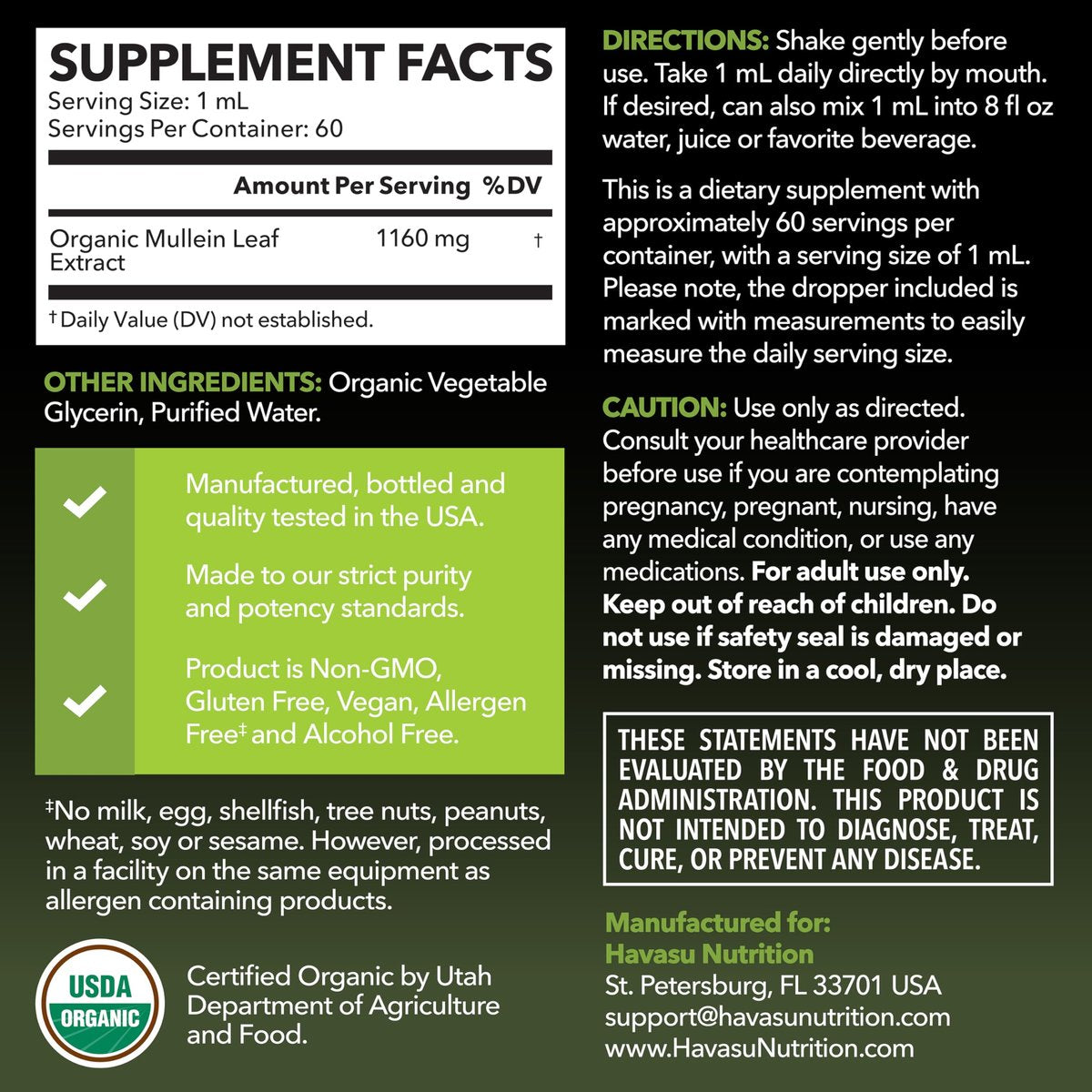 HAVASU NUTRITION Bio Königskerzen-Tropfen für die Lunge – USDA Bio Königskerzenblattextrakt – Unterstützung der Atemwegsgesundheit – 2 Fl Oz – Vegan, ohne Gentechnik und alkoholfrei – Kräutertinktur – 2-Monats-Vorrat