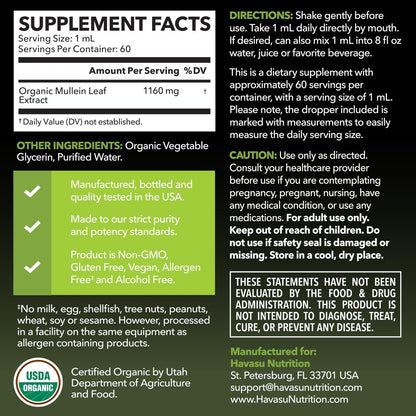 HAVASU NUTRITION Bio Königskerzen-Tropfen für die Lunge – USDA Bio Königskerzenblattextrakt – Unterstützung der Atemwegsgesundheit – 2 Fl Oz – Vegan, ohne Gentechnik und alkoholfrei – Kräutertinktur – 2-Monats-Vorrat