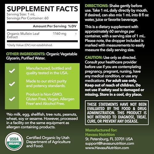HAVASU NUTRITION Bio Königskerzen-Tropfen für die Lunge – USDA Bio Königskerzenblattextrakt – Unterstützung der Atemwegsgesundheit – 2 Fl Oz – Vegan, ohne Gentechnik und alkoholfrei – Kräutertinktur – 2-Monats-Vorrat