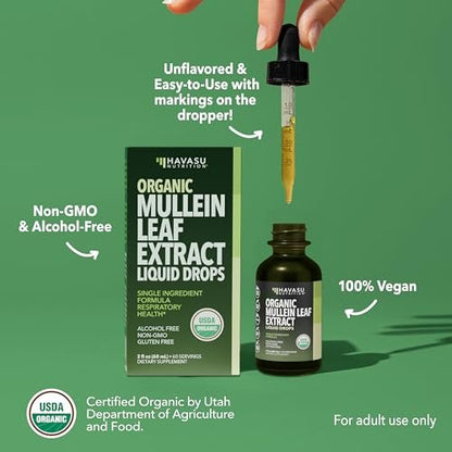 HAVASU NUTRITION Bio Königskerzen-Tropfen für die Lunge – USDA Bio Königskerzenblattextrakt – Unterstützung der Atemwegsgesundheit – 2 Fl Oz – Vegan, ohne Gentechnik und alkoholfrei – Kräutertinktur – 2-Monats-Vorrat