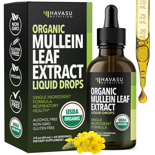 HAVASU NUTRITION Bio Königskerzen-Tropfen für die Lunge – USDA Bio Königskerzenblattextrakt – Unterstützung der Atemwegsgesundheit – 2 Fl Oz – Vegan, ohne Gentechnik und alkoholfrei – Kräutertinktur – 2-Monats-Vorrat