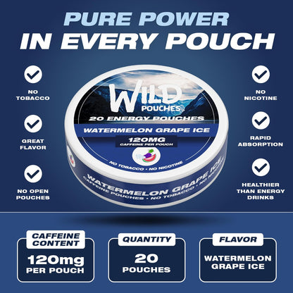 Wild 120mg Koffein-Pouches Nikotinfrei Wassermelone Traube Eis – 20 Energy Pouches – Koffein-Pouch