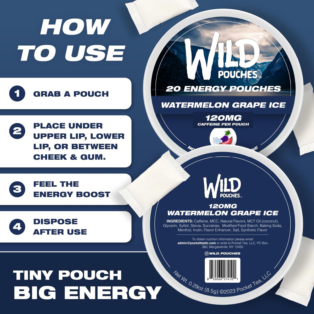 Wild 120mg Koffein-Pouches Nikotinfrei Wassermelone Traube Eis – 20 Energy Pouches – Koffein-Pouch