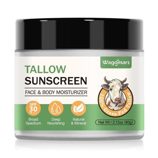 Wagomars Tallow Sunscreen SPF 30 - Nicht-toxischer natürlicher mineralischer Sonnenschutz mit Zinkoxid & Rindertalg - Riffschonender Sonnenblocker für Gesicht & Körper - Feuchtigkeitsspendend für alle Hauttypen (Sport & täglicher Gebrauch)