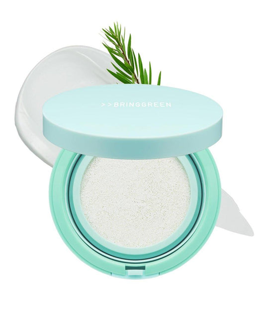 BRING GREEN Tea Tree CICA Facial Sun Cushion SPF 50+ PA++++ | Koreanisches Mineral Sonnenschutzpolster für das Gesicht | Nicht-Nano, Riff-sicher, Rötungen korrigierend mit Zinkoxid | Reisegröße Sonnenschutz