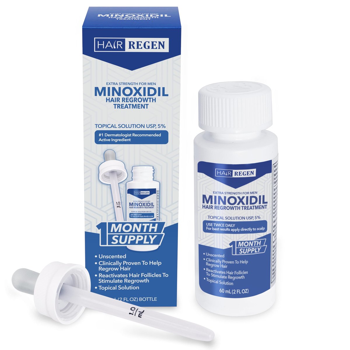 Hair Regen Minoxidil für Männer 5% - Extra Starkes Topisches Serum zur Haarregeneration - Klinisch geprüfte Behandlung gegen Haarausfall - 1 Monatsvorrat (1 Packung)