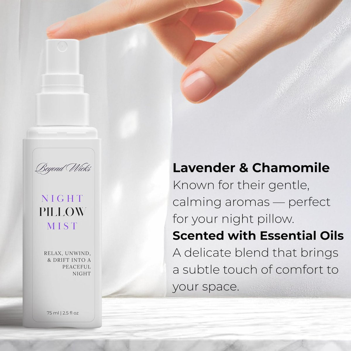Kissenspray – Lavendel Kamille Schlafspray mit ätherischen Ölen – Entspannender Aromatherapie-Nebel für Kissen, Bettwäsche und Textilien – Nachtkissennebel – 75 ml (2,5 fl oz) von Beyond Wicks