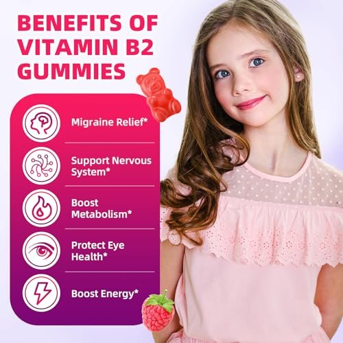 VCCHUYH Vitamin B2 Gummies für Kinder & Erwachsene, VIT B2 Riboflavin 400 mg mit Magnesium – Unterstützung bei Migräne & Nervensystem, vegan, Himbeergeschmack, 60 Stück
