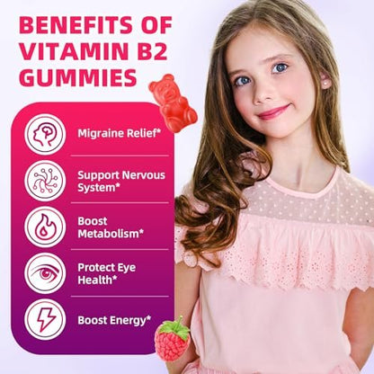 VCCHUYH Vitamin B2 Gummies für Kinder & Erwachsene, VIT B2 Riboflavin 400 mg mit Magnesium – Unterstützung bei Migräne & Nervensystem, vegan, Himbeergeschmack, 60 Stück