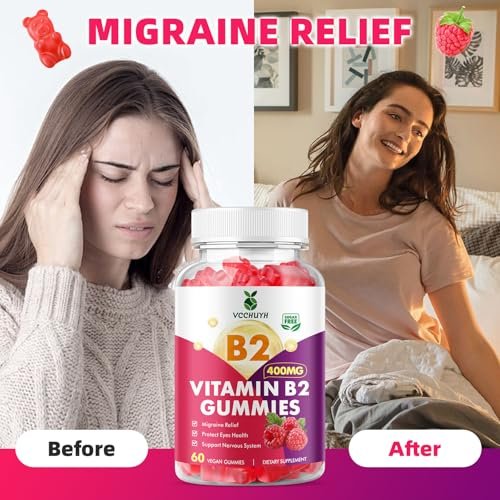 VCCHUYH Vitamin B2 Gummies für Kinder & Erwachsene, VIT B2 Riboflavin 400 mg mit Magnesium – Unterstützung bei Migräne & Nervensystem, vegan, Himbeergeschmack, 60 Stück