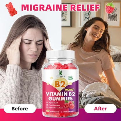 VCCHUYH Vitamin B2 Gummies für Kinder & Erwachsene, VIT B2 Riboflavin 400 mg mit Magnesium – Unterstützung bei Migräne & Nervensystem, vegan, Himbeergeschmack, 60 Stück
