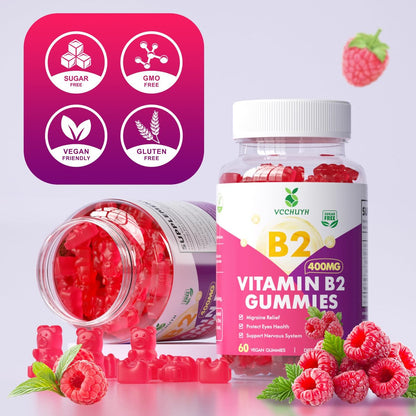 VCCHUYH Vitamin B2 Gummies für Kinder & Erwachsene, VIT B2 Riboflavin 400 mg mit Magnesium – Unterstützung bei Migräne & Nervensystem, vegan, Himbeergeschmack, 60 Stück