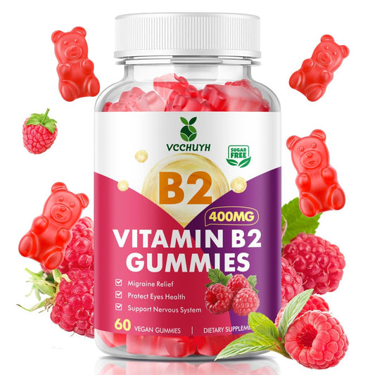 VCCHUYH Vitamin B2 Gummies für Kinder & Erwachsene, VIT B2 Riboflavin 400 mg mit Magnesium – Unterstützung bei Migräne & Nervensystem, vegan, Himbeergeschmack, 60 Stück