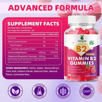 VCCHUYH Vitamin B2 Gummies für Kinder & Erwachsene, VIT B2 Riboflavin 400 mg mit Magnesium – Unterstützung bei Migräne & Nervensystem, vegan, Himbeergeschmack, 60 Stück