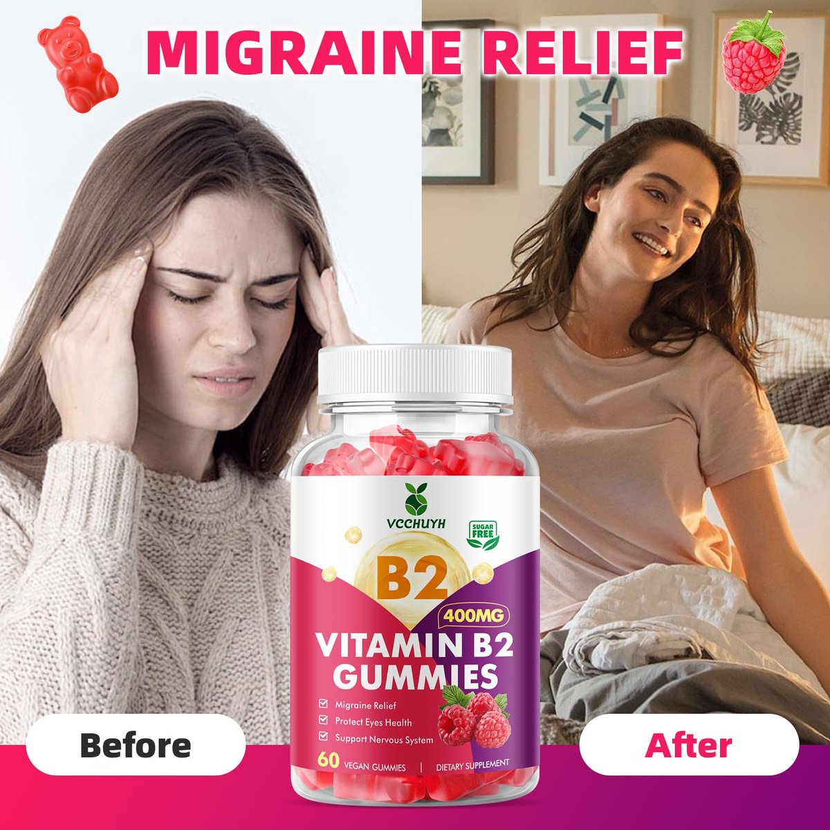 VCCHUYH Vitamin B2 Gummies für Kinder & Erwachsene, VIT B2 Riboflavin 400 mg mit Magnesium – Unterstützung bei Migräne & Nervensystem, vegan, Himbeergeschmack, 60 Stück