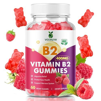 VCCHUYH Vitamin B2 Gummies für Kinder & Erwachsene, VIT B2 Riboflavin 400 mg mit Magnesium – Unterstützung bei Migräne & Nervensystem, vegan, Himbeergeschmack, 60 Stück