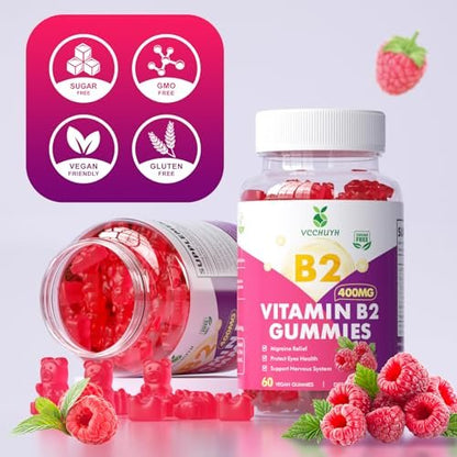 VCCHUYH Vitamin B2 Gummies für Kinder & Erwachsene, VIT B2 Riboflavin 400 mg mit Magnesium – Unterstützung bei Migräne & Nervensystem, vegan, Himbeergeschmack, 60 Stück