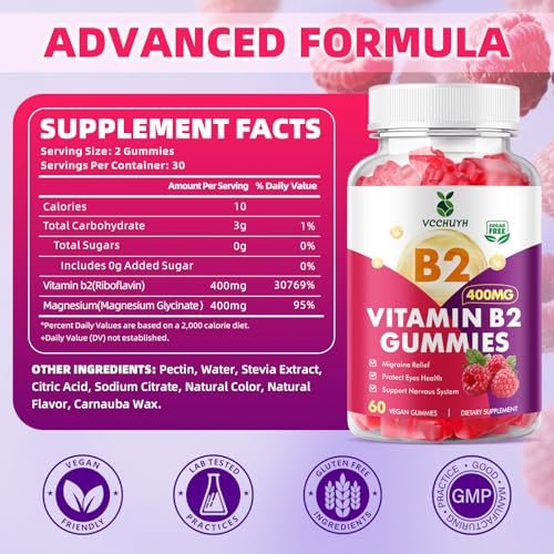VCCHUYH Vitamin B2 Gummies für Kinder & Erwachsene, VIT B2 Riboflavin 400 mg mit Magnesium – Unterstützung bei Migräne & Nervensystem, vegan, Himbeergeschmack, 60 Stück