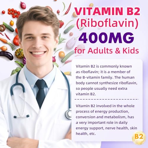 VCCHUYH Vitamin B2 Gummies für Kinder & Erwachsene, VIT B2 Riboflavin 400 mg mit Magnesium – Unterstützung bei Migräne & Nervensystem, vegan, Himbeergeschmack, 60 Stück