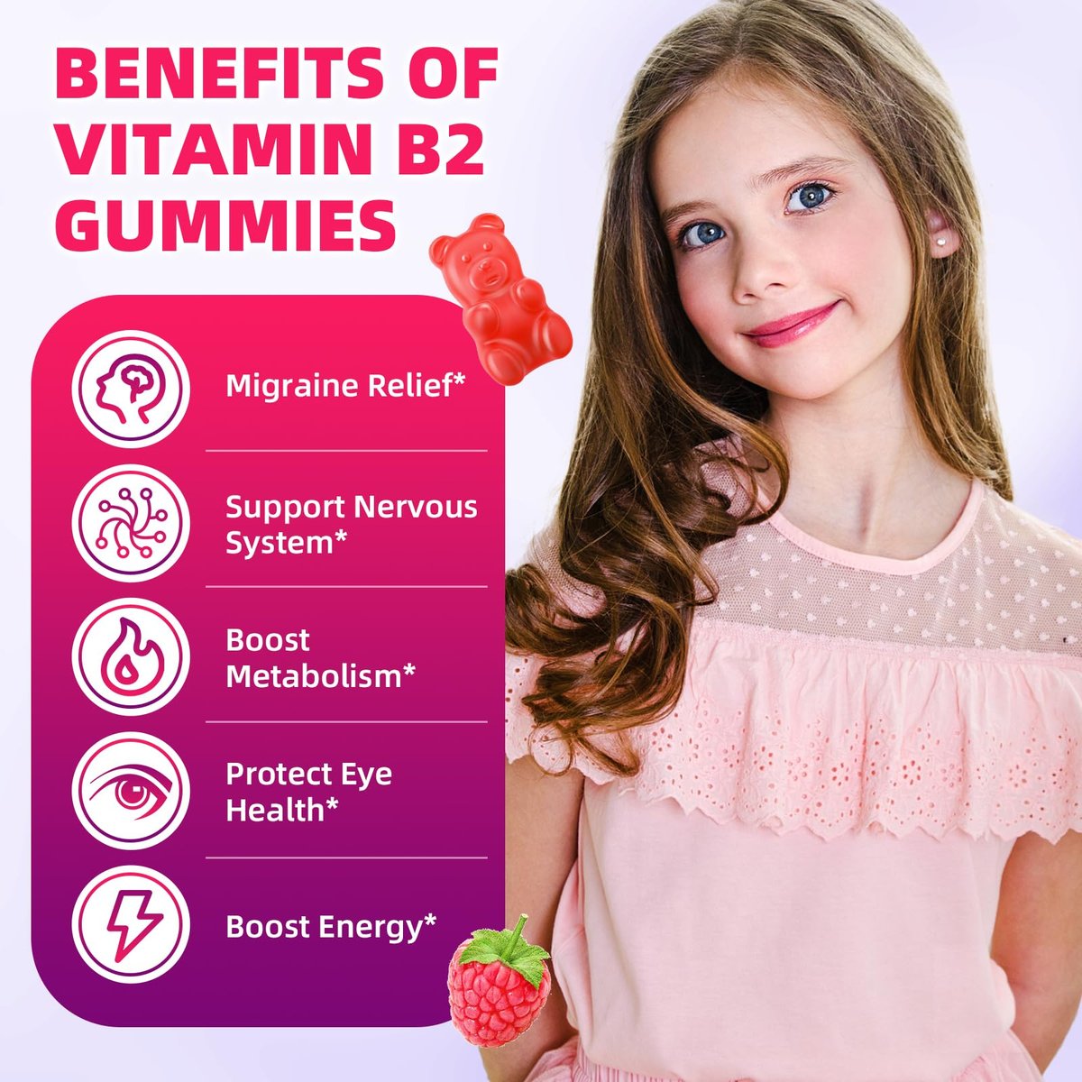 VCCHUYH Vitamin B2 Gummies für Kinder & Erwachsene, VIT B2 Riboflavin 400 mg mit Magnesium – Unterstützung bei Migräne & Nervensystem, vegan, Himbeergeschmack, 60 Stück