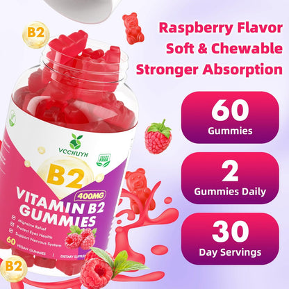 VCCHUYH Vitamin B2 Gummies für Kinder & Erwachsene, VIT B2 Riboflavin 400 mg mit Magnesium – Unterstützung bei Migräne & Nervensystem, vegan, Himbeergeschmack, 60 Stück