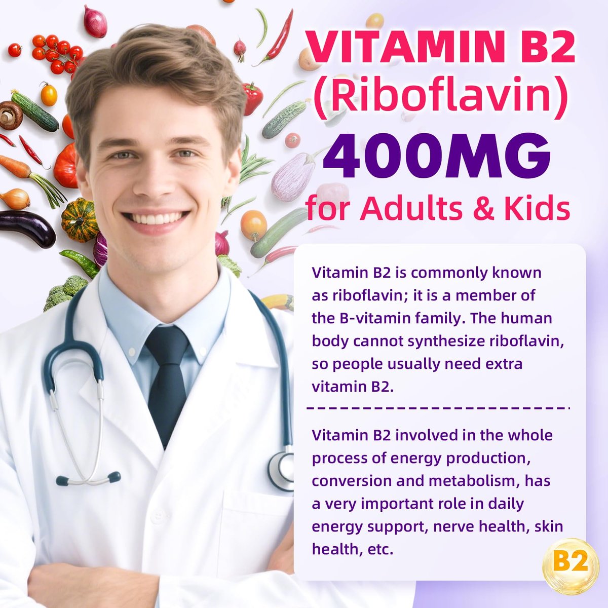 VCCHUYH Vitamin B2 Gummies für Kinder & Erwachsene, VIT B2 Riboflavin 400 mg mit Magnesium – Unterstützung bei Migräne & Nervensystem, vegan, Himbeergeschmack, 60 Stück