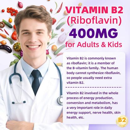 VCCHUYH Vitamin B2 Gummies für Kinder & Erwachsene, VIT B2 Riboflavin 400 mg mit Magnesium – Unterstützung bei Migräne & Nervensystem, vegan, Himbeergeschmack, 60 Stück