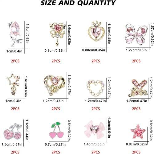 24-teiliges rosa Nagelkunst-Rhinestones-Set – 3D-Kirschen, Sterne, Herzen, Blumen, Schleifen für Acrylnägel, Y2K-Nageldekoration, DIY-Maniküre-Zubehör