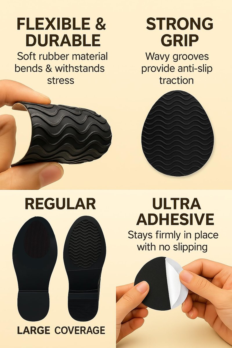 Rutschfeste Schuhpads – 3" × 4,3" Anti-Rutsch-Sohlenschutz für Lederschuhe & Ledersohlen – Selbstklebende Griffflächen (Schwarz, 3 Paare)
