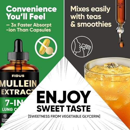Fidus Mullein-Tropfen für die Lunge, 120 Portionen - Mulleinblatt mit 7 Kräutern: Echinacea, Oregano, Ingwer, Holunderbeere, Eibischwurzel & Thymian - Lungendetox für Raucher - Unterstützung für Atemwege, Immunsystem & Lymphdrainage