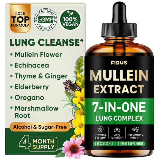 Fidus Mullein-Tropfen für die Lunge, 120 Portionen - Mulleinblatt mit 7 Kräutern: Echinacea, Oregano, Ingwer, Holunderbeere, Eibischwurzel & Thymian - Lungendetox für Raucher - Unterstützung für Atemwege, Immunsystem & Lymphdrainage