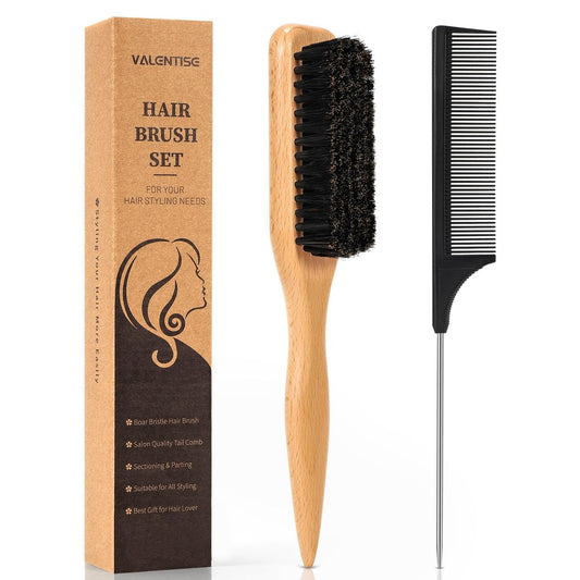 VALENTISE Wildschweinborsten Slick Back Haarbürste, Teasing Haarbürste mit schwarzem Kohlefaser und Edelstahl Rattenschwanzkamm, Glättebürsten-Set zum Scheiteln und Abteilen, geeignet für alle Stylings