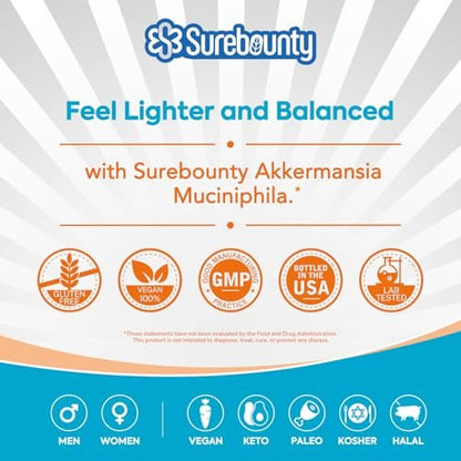 Surebounty Akkermansia Probiotikum GLP-1, 1 Milliarde TFU, Akkermansia Muciniphila mit Präbiotikum Inulin, für Männer & Frauen, Vegan, Nicht-GVO, 30 Kapseln