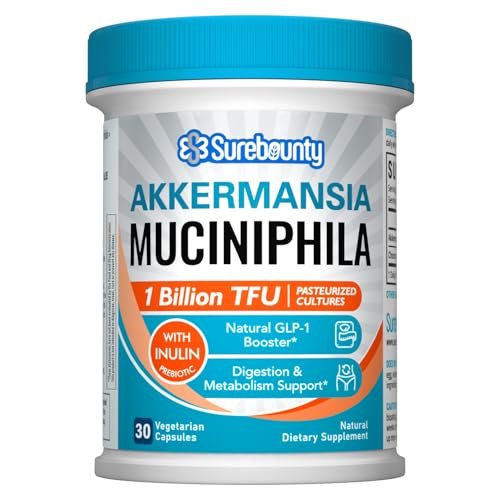 Surebounty Akkermansia Probiotikum GLP-1, 1 Milliarde TFU, Akkermansia Muciniphila mit Präbiotikum Inulin, für Männer & Frauen, Vegan, Nicht-GVO, 30 Kapseln