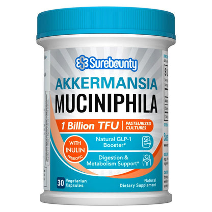 Surebounty Akkermansia Probiotikum GLP-1, 1 Milliarde TFU, Akkermansia Muciniphila mit Präbiotikum Inulin, für Männer & Frauen, Vegan, Nicht-GVO, 30 Kapseln