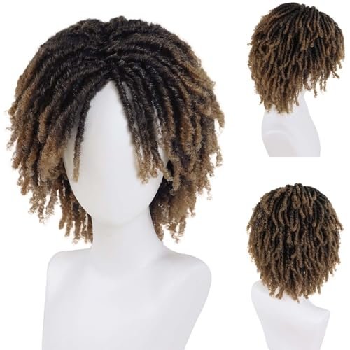 GNIMEGIL Herren Dreadlock Perücke Ombre Hellbraun Lockige Haare Männer Fake Dreads Kurze Rasta Perücke mit Pony Realistische Twist Rasta Perücke Cosplay