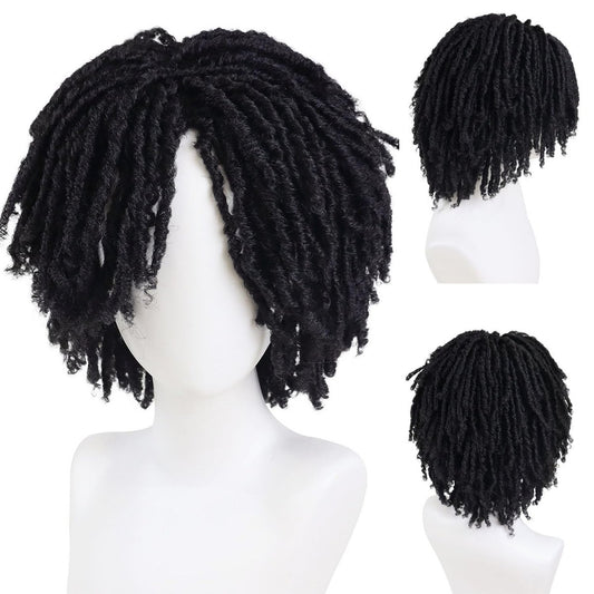 GNIMEGIL Herren Dreadlock Perücke Schwarz Locken Kurze Fake Dreads Zopfperücke mit Pony Realistische Rasta Perücke Rollenspiel