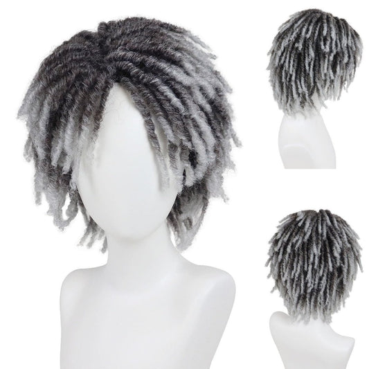 GNIMEGIL Dreadlock Wig für Männer – Ombre Grau, Curly Dreads, Kurze Rasta Perücke mit Pony für Cosplay & Partys