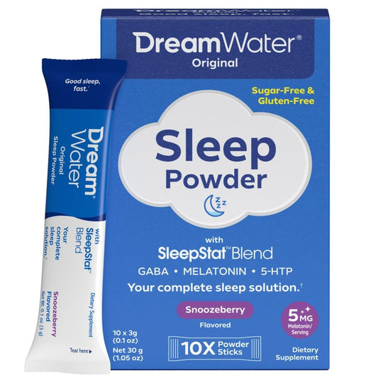 Dream Water Sleep Pulver – Zuckerfrei, Glutenfrei, Natürliche Aromen; Mischung aus 3 Inhaltsstoffen, GABA, 5mg Melatonin, 5-HTP; Snoozeberry-Geschmack, 10er-Pack