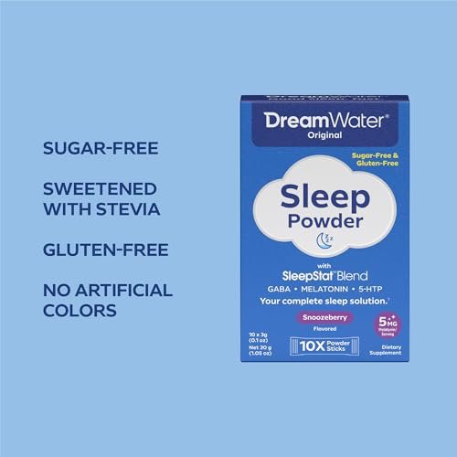 Dream Water Sleep Pulver – Zuckerfrei, Glutenfrei, Natürliche Aromen; Mischung aus 3 Inhaltsstoffen, GABA, 5mg Melatonin, 5-HTP; Snoozeberry-Geschmack, 10er-Pack