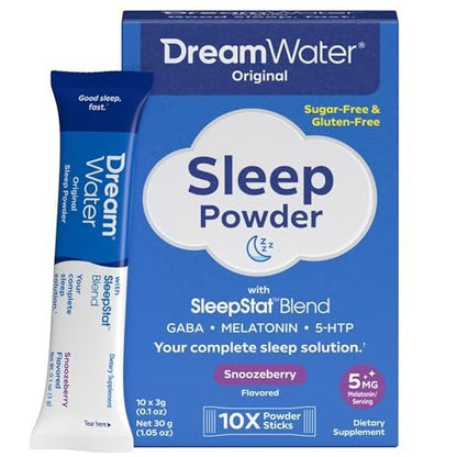 Dream Water Sleep Pulver – Zuckerfrei, Glutenfrei, Natürliche Aromen; Mischung aus 3 Inhaltsstoffen, GABA, 5mg Melatonin, 5-HTP; Snoozeberry-Geschmack, 10er-Pack